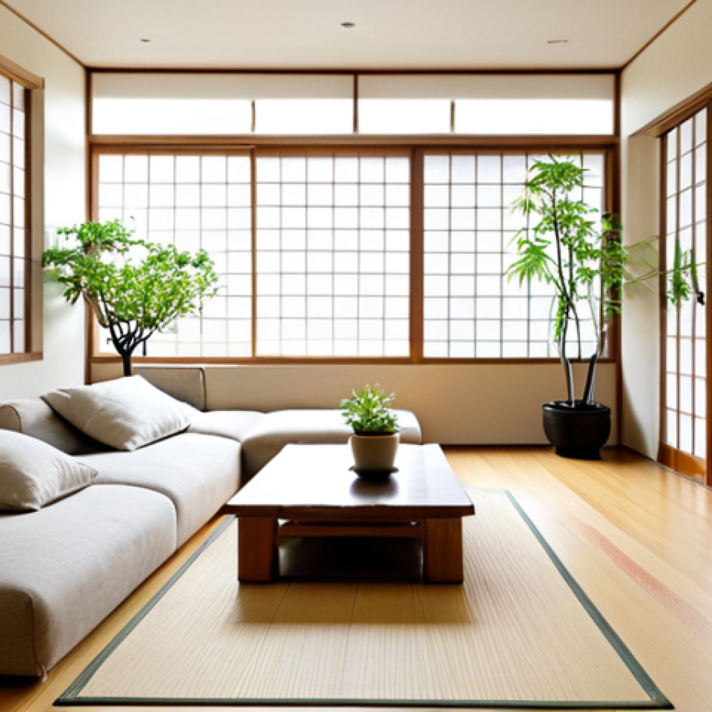 친환경 건축 설계와 에코디자인 - **
"A bright and airy living room in a modern Japanese house, featuring natural wood floors and sho...