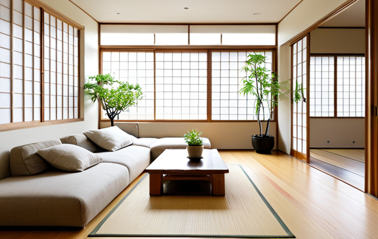 친환경 건축 설계와 에코디자인 - **

"A bright and airy living room in a modern Japanese house, featuring natural wood floors and sho...