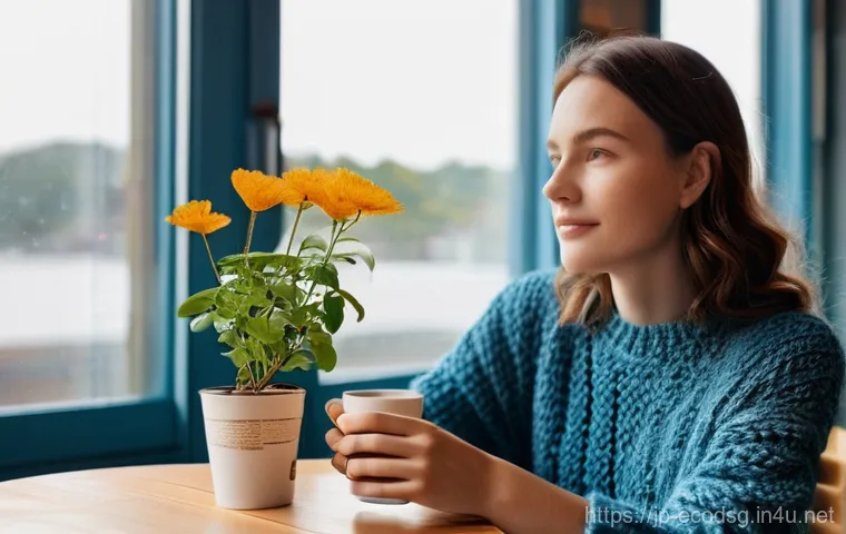에코디자인 트렌드 분석 - **Prompt:** A young woman, in her late twenties, is sitting comfortably at a minimalist cafe table, ...