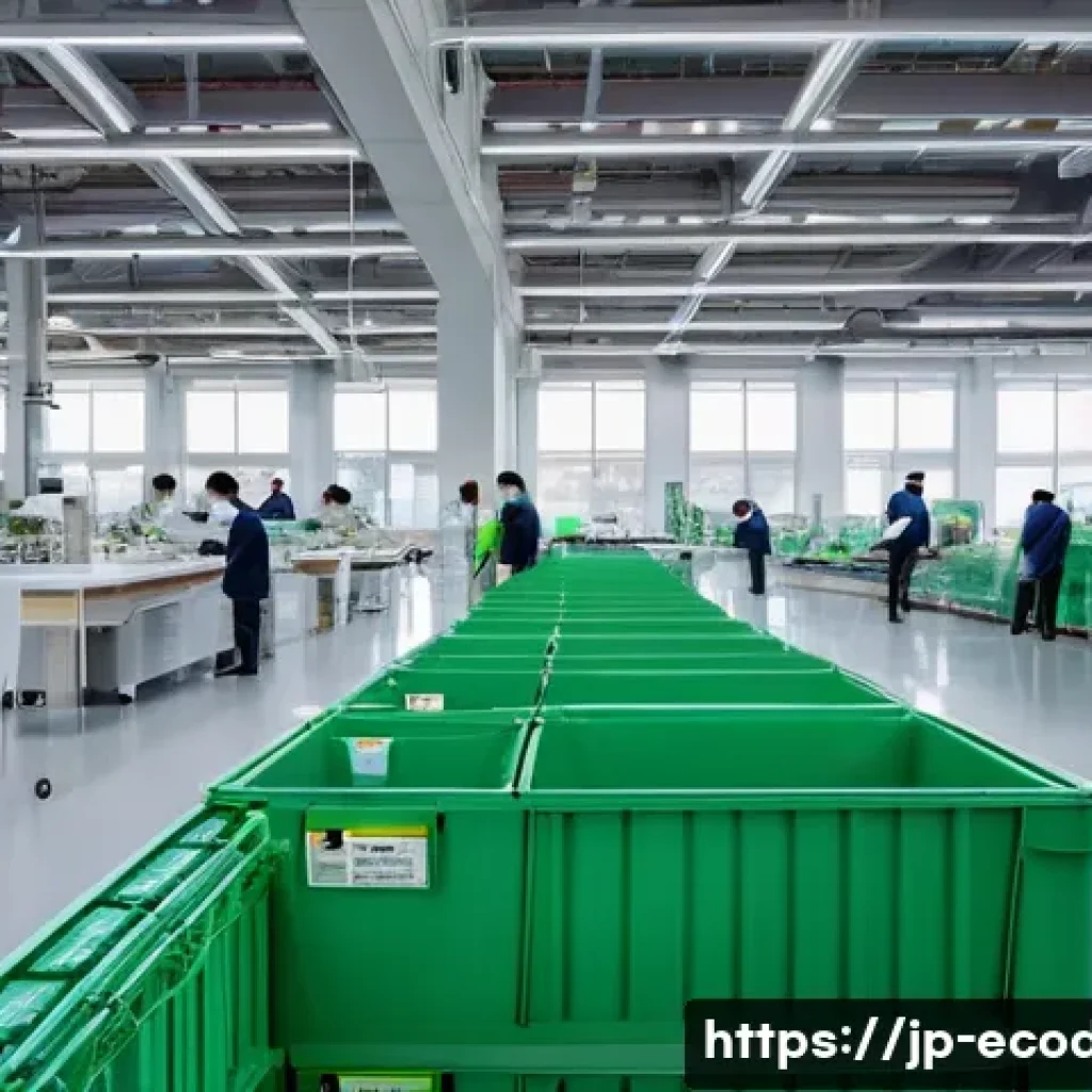 에코디자인의 법적 기준 - A modern Japanese manufacturing factory interior focused on eco-design principles: workers wearing c...