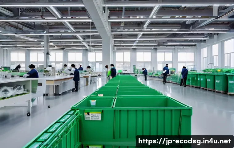에코디자인의 법적 기준 - A modern Japanese manufacturing factory interior focused on eco-design principles: workers wearing c...
