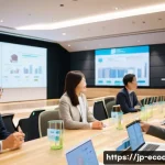 에코디자인 전문가 네트워킹 팁 - A professional networking event scene in a modern conference hall in Japan, featuring diverse eco-de...