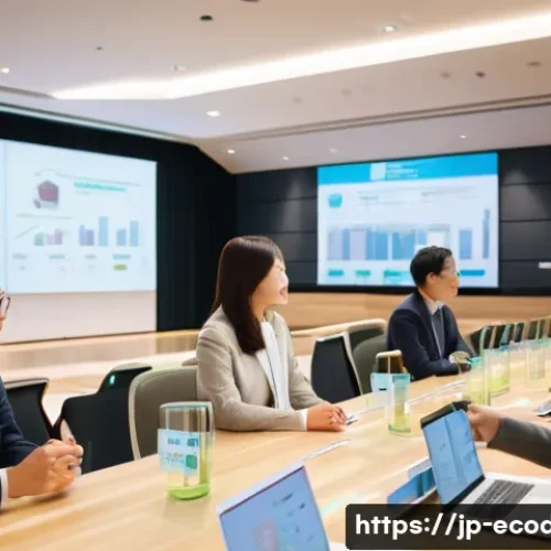 에코디자인 전문가 네트워킹 팁 - A professional networking event scene in a modern conference hall in Japan, featuring diverse eco-de...