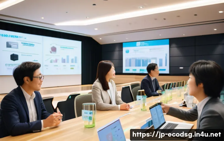 에코디자인 전문가 네트워킹 팁 - A professional networking event scene in a modern conference hall in Japan, featuring diverse eco-de...