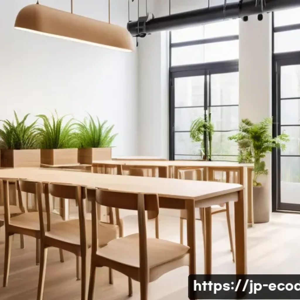 에코디자인 윤리 사례 - A modern eco-friendly furniture showroom featuring sustainable biomass plastic chairs and tables, ma...