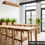 에코디자인 윤리 사례 - A modern eco-friendly furniture showroom featuring sustainable biomass plastic chairs and tables, ma...