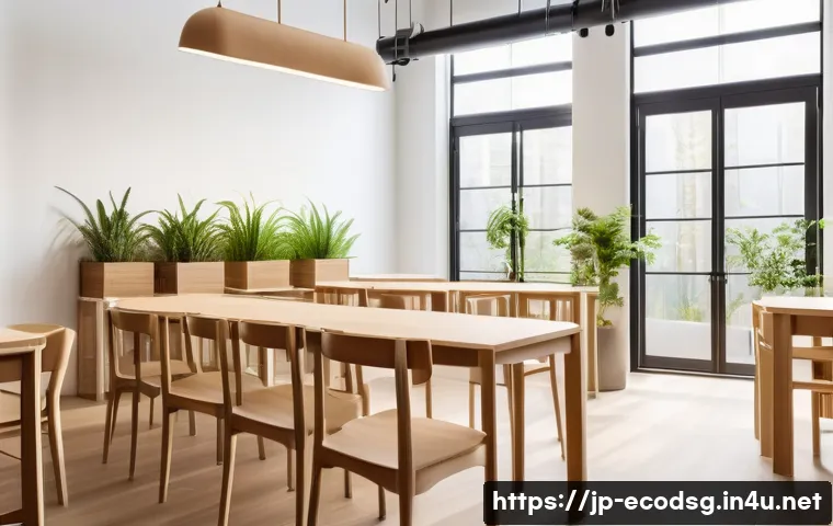 에코디자인 윤리 사례 - A modern eco-friendly furniture showroom featuring sustainable biomass plastic chairs and tables, ma...