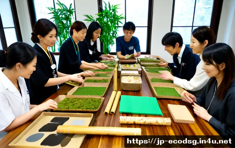 에코디자인 교육 자료 공유 - Photorealistic Japanese university classroom focused on eco-design education, diverse adult students...